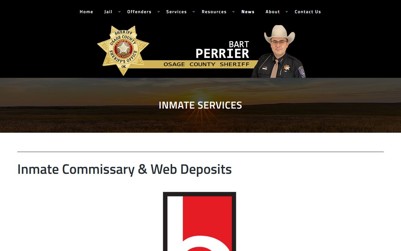Osage County jail inmate services page for visitation and commissary
